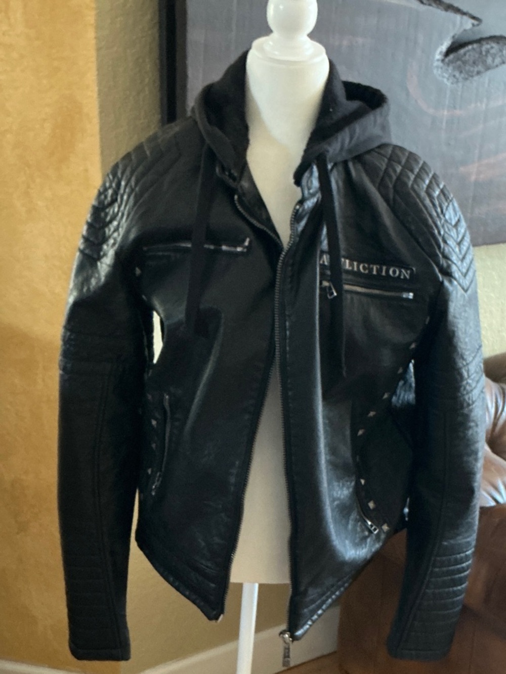 Affliction Black Quilted Hooded Faux Leather Bomber Jacket